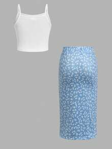 SHEIN 2件套女童纯色针织吊带背心和碎花裙套装 - 白色 - 查看 2