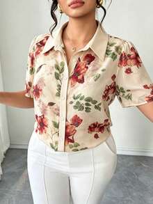 SHEIN Clasi Plus Size Women's Elegant Solid Color Patchwork Collar Short Sleeve Loose Versatile Chiffon Floral Print Casual Holiday Blouse Tea Party Beige Summer - Apricot - View 1