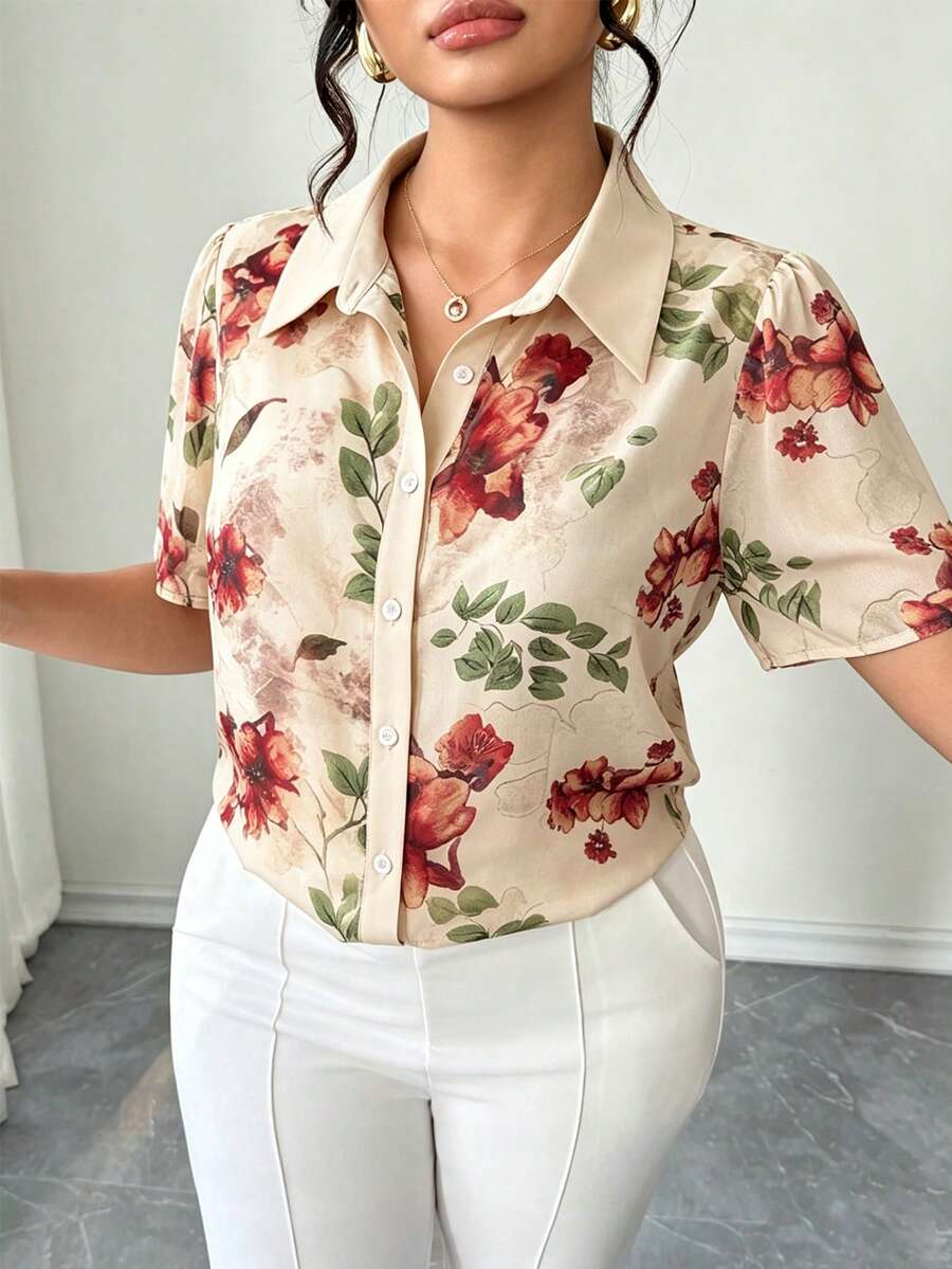 SHEIN Clasi Plus Size Women's Elegant Solid Color Patchwork Collar Short Sleeve Loose Versatile Chiffon Floral Print Casual Holiday Blouse Tea Party Beige Summer - Apricot - View 1