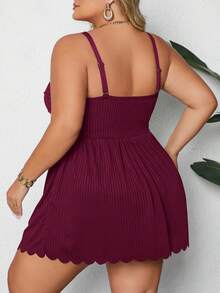 SHEIN CURVE+ Plus Size Women Ruched Spaghetti Strap Tankini Top And Triangle Bottoms Swimsuit Set - Burgundy - View 2