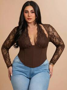SHEIN BAE Áo cổ yếm ren tương phản màu đen dành cho nữ cỡ lớn - màu nâu - Xem 6