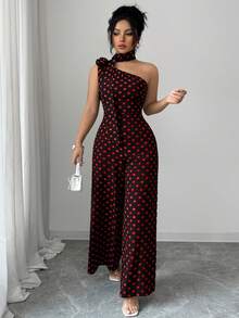 GlowEve CURVE Plus Size Women's Elegant Black & White Polka Dot Asymmetric Neck Jumpsuit, Suitable For Commuting, Spring/Summer - Multicolor - View 4