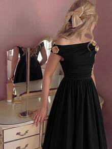 SHEIN Đầm đen cổ lệch thanh lịch dành cho bé gái tuổi teen - màu đen - Xem 3
