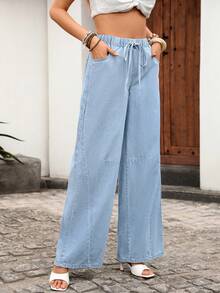 Breezaya Quần jeans ống rộng thoải mái dành cho nữ, thích hợp cho kỳ nghỉ. - Màu xanh lam - Xem 5