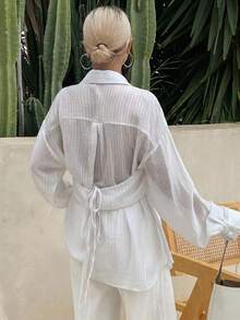 Livesso Women's Striped Loose Casual Shirt, New Arrival For Autumn - White - View 2