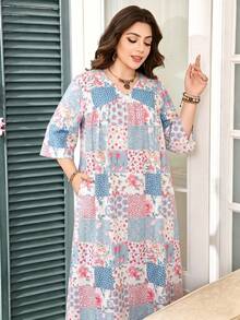 Lacomfia Plus Size Short Sleeve A-Line Casual Western Cottage Core Boho Printed Dress For Women Autumn Blue And White Brunch Vacation Bussines - Multicolor - View 5