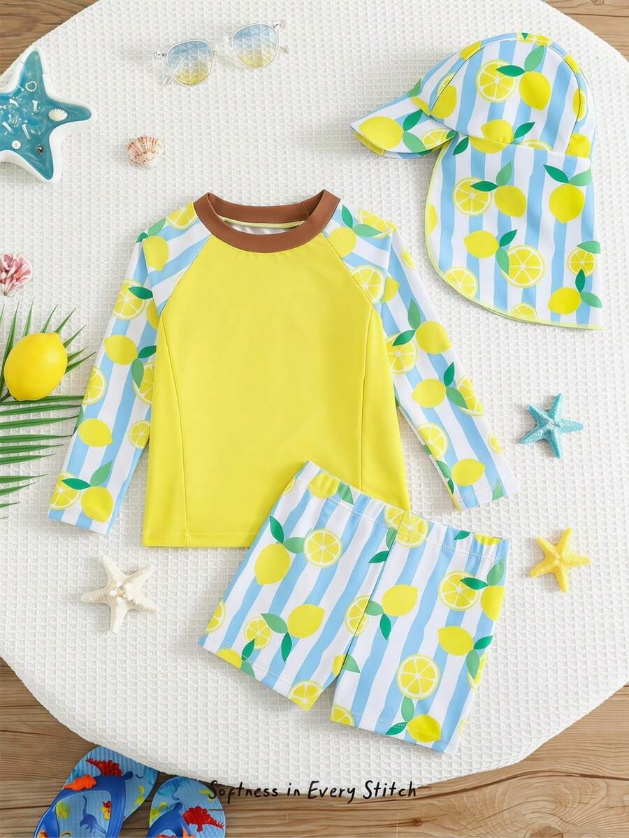 Cozy Pixies Set de 3 piezas de ropa de baño para niño/niña con pantalones cortos de manga larga con estampado de vacaciones de verano casual y sombrero de sol, adecuado para usar en primavera/verano, en casa, salidas, viajes, playa, piscina, fiestas - Amarillo - Ver 1
