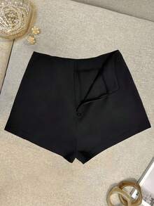 SHEIN Franclia Shorts casuales de mujer de unicolor con cremallera frontal y central, nueva colección de primavera/verano - Negro - Ver 3