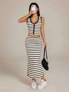 SHEIN PETITE VKing Colorblock Striped Casual Vacation Elegant Street Style Women's 2-Piece Set, Includes Front Button Vest And Side Slit Bodycon Skirt, Spring/Summer - Black - View 4