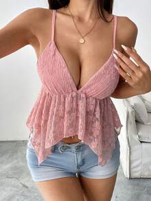 Femesol 女士夏季不对称下摆白色蕾丝吊带背心 - 淺粉色 - 查看 4