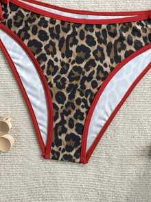 SHEIN Teen Girls Leopard Print Contrast Trim Halter Bikini 2-Piece Swimwear Set, Spring/Summer - Multicolor - View 5