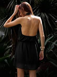Maija 女款夏季度假串珠裝飾掛脖迷你洋裝，黑色性感外出夜生活穿搭洋裝 - 黑色 - 查看 8