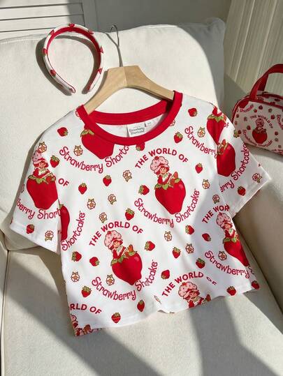 Strawberry Shortcake X SHEIN Áo thun ngắn tay in hình hoạt hình dâu tây dành cho bé gái tuổi teen