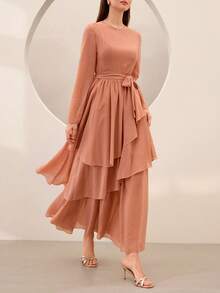 Graceveil Elegant Chiffon Asymmetrical Flared Waist Dress - Pink - View 6