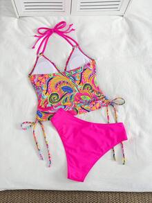 Swim Lushoire Women's Pink Graphic Hot Pink Paisley Print Spaghetti Strap Cinched Waist Backless Bikini Swimwear, Flattering Beach Vacation Summer Tropical - Multicolor - View 2