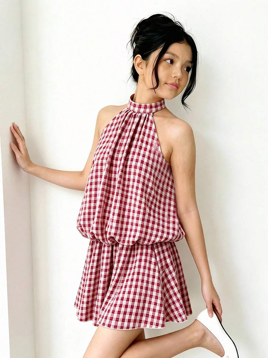 SHEIN 女童可调节吊带纯色连衣裙，后背镂空设计，适合夏季旅行、度假、海滩穿着