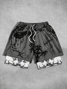 ROMWE MEN Anime Men's Drawstring Waist Casual Versatile Daily Wear Double Layer Shorts - Multicolor - View 1