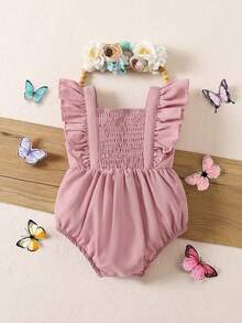 Pelele de verano casual con volantes y mariposas rosadas para bebé niña recién nacida - Rosa - Ver 2