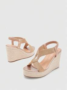 Glitzique Giày sandal đế xuồng đế xuồng cho nữ, giày cao gót đi chơi ngoài trời mùa hè, phong cách du lịch nghỉ dưỡng - Rượu sâm banh - Xem 9