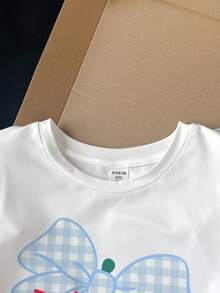 SHEIN 青少年女孩櫻桃圓領短袖T恤搭配藍色格紋寬腿褲，女孩套裝，休閒日常返校校園度假穿著 - 藍白色 - 查看 5