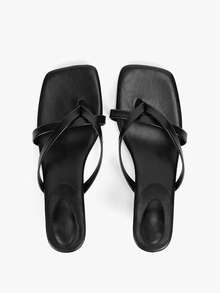 Alvarani Slightly Large Size Soft Leather Square Toe Sandals, Kitten Heel Flip-Flops, Versatile Fine Heel Open Toe Thong Sandals For Women, Summer New Arrivals - Black - View 12