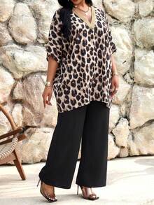 SHEIN Lady CURVE Plus Size Leopard Print Batwing Top And Pants 2 Pieces Set Holiday Vacation Black Summer Dinner Elegent - Multicolor - View 4