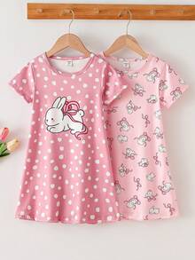 Genkimix Kids 2件套 女童可爱卡通绵羊印花休闲短袖长款睡衣家居服套装，粉色和灰色 - 彩色 - 查看 3