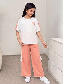 SHEIN 2pcs/Set Tween Girls Casual Retro Oversized Raglan Sleeve Contrast Color Bow Print Round Neck T-Shirt And Straight Leg Sweatpants Knit Suit, Pink - Pink - View 4