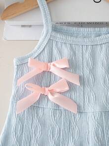 SHEIN Playful Pals 女婴休闲无袖弹力腰短款连体衣，纹理面料，蝴蝶结装饰，粉色，夏季 - 藍色 - 查看 7