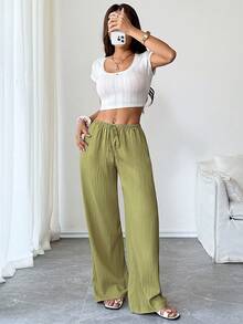 SHEIN PETITE 女款休閒度假純色寬鬆寬腿褲，附側邊口袋，適合嬌小女性，橄欖綠秋季款 - 綠色 - 查看 7