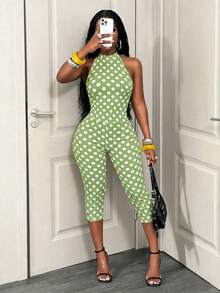 BamGleam Bộ jumpsuit nữ thời trang thường ngày, ôm sát, chất liệu lụa sữa co giãn, họa tiết chấm bi màu sắc tươi sáng, kiểu dáng buộc dây cổ, hở lưng, không tay, quần lửng. - màu xanh lá - Xem 5