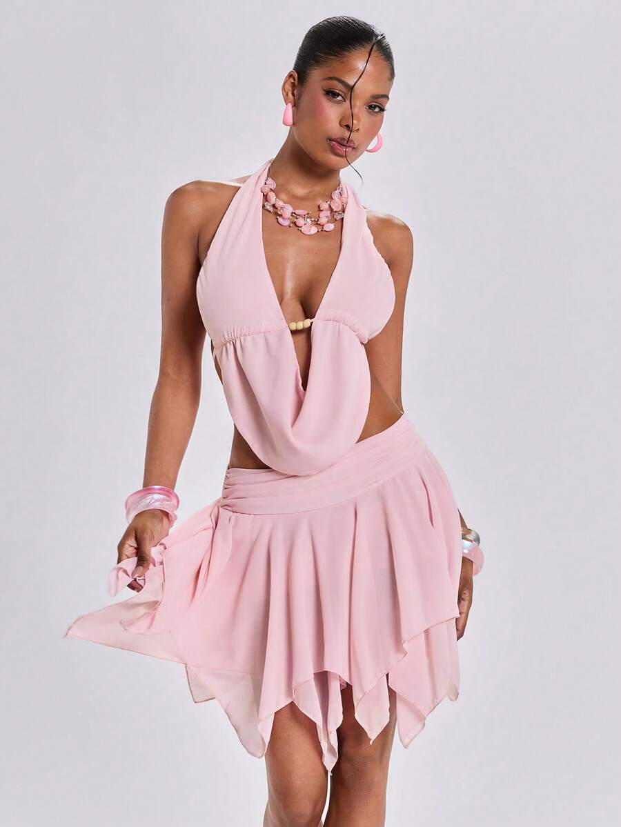 ROMWE Bộ đồ 2 mảnh phong cách Y2K gợi cảm gồm áo crop top hở lưng và chân váy mini xếp ly không đều, thích hợp cho kỳ nghỉ, đi biển, hẹn hò, lễ hội âm nhạc, tiệc tùng và mặc hàng ngày. - Hồng - Xem 1