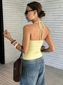 Cévolie Women's Summer New Sexy Fitted Lace Halter Neck Camisole Top - Yellow - View 2