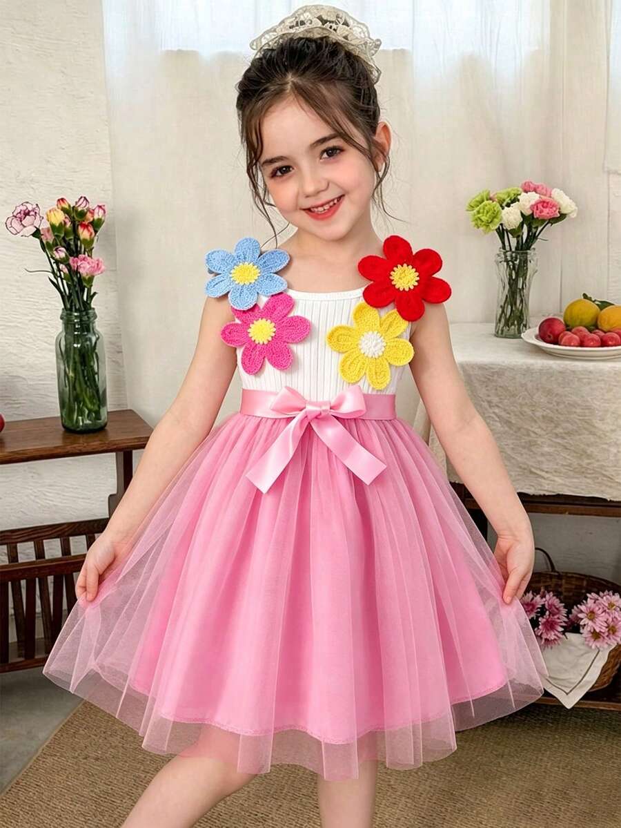 女童粉色夏季仙女公主洋裝,羅紋圓領無袖 3D 花朵裝飾網紗裙腰帶,甜美清新洗禮服 - 粉色 - 查看 1