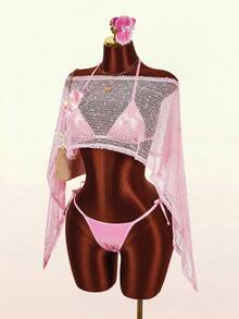 Amplova 3pcs Women's Swimwear Set: Floral Pink Tropical Asymmetric-Shoulder Bikini Top, Matching Cover-Up, Cute Mini Vacation Beach Summer - Pink - View 9