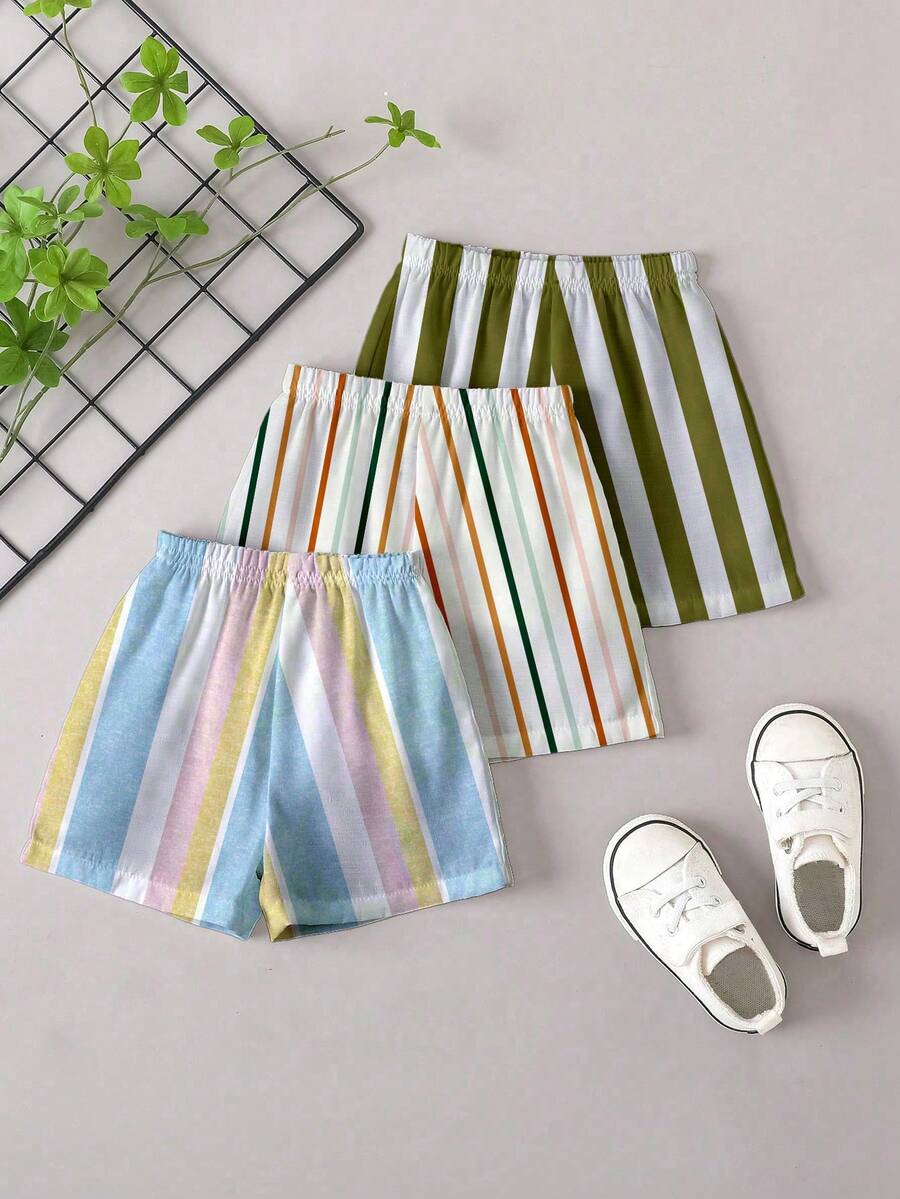 SHEIN 3pcs Baby Boy Casual Comfortable Shorts Set, Classic Summer Striped Print Pattern, Suitable For Vacation, Spring/Summer - Multicolor - View 1