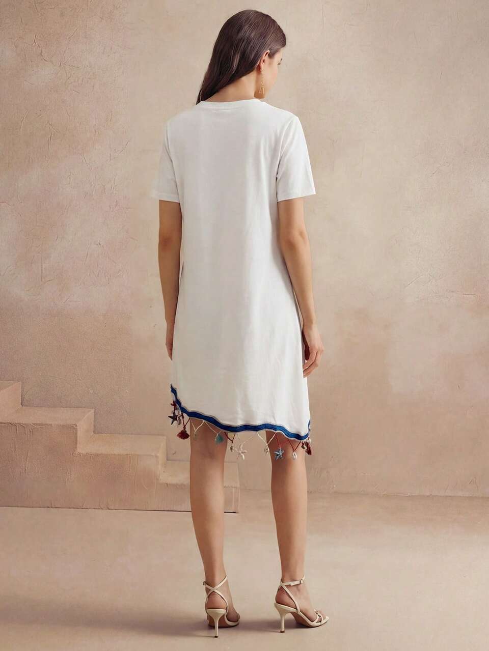 Women's Elegant Round Neck Short Sleeve T-Shirt Dress,White And Blue,Summer,Tropical,Holiday,Vacation,Holiday Tassels Star Pendant Trim Every Day Wear