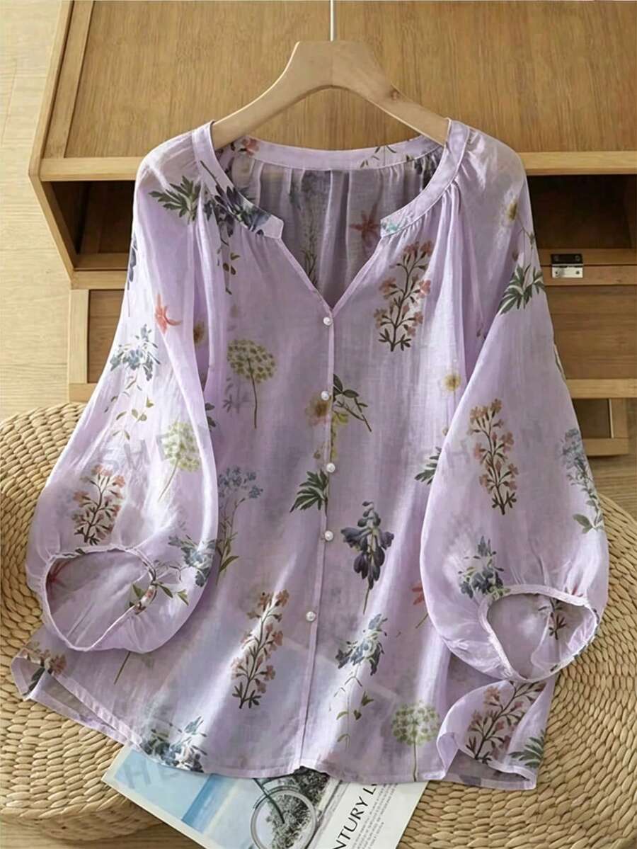 Linhara Vintage V-Neck Lantern Sleeve Loose Casual Plus Size Women Blouse - Mauve Purple - View 1