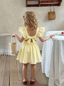 LMoss Kids Young Girl Woven Solid Color Square Neck Ruffle Hem Casual Dress - Mustard Yellow - View 3