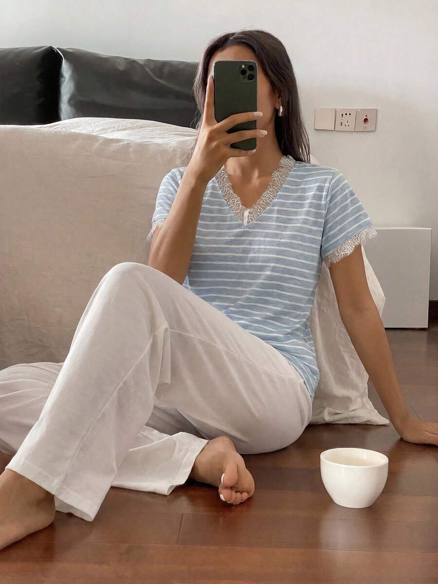 DAZY 女士撞色蕾丝条纹短袖上衣和裤子睡衣套装 - 藍色 - 查看 1