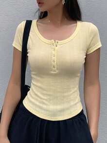 DAZY 女款純色百褶休閒百搭日常短袖T恤 夏季可愛上衣 - 淡黃色 - 查看 3
