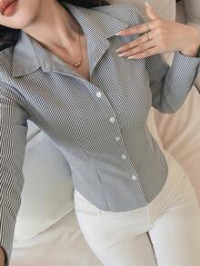 DAZY 女士条纹长袖单排扣休闲通勤衬衫 - 黑與白 - 查看 1