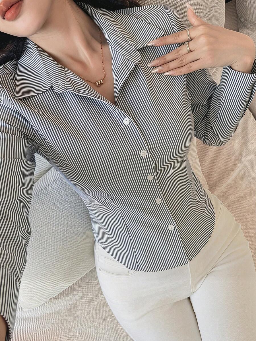 DAZY 女士条纹长袖单排扣休闲通勤衬衫 - 黑與白 - 查看 1