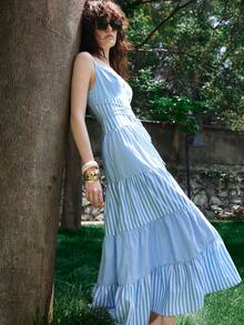 Lumivelle Women's New V-Neck Sleeveless Blue And White Stripe Patchwork Dress, Casual Coastal Sexy Picnic Vacation Romantic Elegant Beach Holiday Summer - Blue - View 3