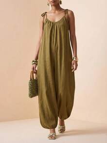 Zivah Loose Olive Green Summmer Boho Beach Vacation Holiday Jumpsuit For Women,Textured Suspender Wide-Leg Lantern Flower Tulip Modern High-Street Casual-A - Mustard Yellow - View 7