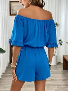 Breezaya Hawaiian Style Ruffled Off-Shoulder Romper - Blue - View 2