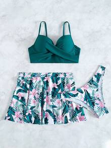SHEIN Swim 夏日海灘3入組熱帶印花推桿比基尼和沙灘裙 - 綠色 - 查看 4