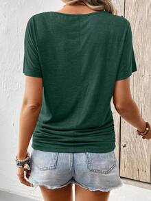 SHEIN Frenchy Ladies Simple Solid Color Pleated Daily/Holiday T-Shirt V Neck Topsv Neck T Shirtdark Top,Summer Top - Dark Green - View 2