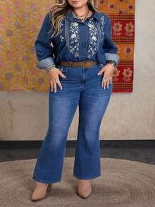 SHEIN CURVE+ Plus Size Women Embroidered Casual Boho Western Denim Blouse Fall Beach Going Out Blue - Dark Wash - View 6