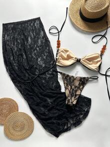 Swim SXY 3 Stücke Spitze Maxikleid, Bikini Bademode Set, sexy Trägerkleid mit Perlenverzierung, geeignet für Strand, Resort, Pool Party - Schwarz - Übersicht 6